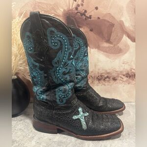 Ferrini Ladies Size 10  Black Blue Caiman Cross Cowgirl Crocodile Boots